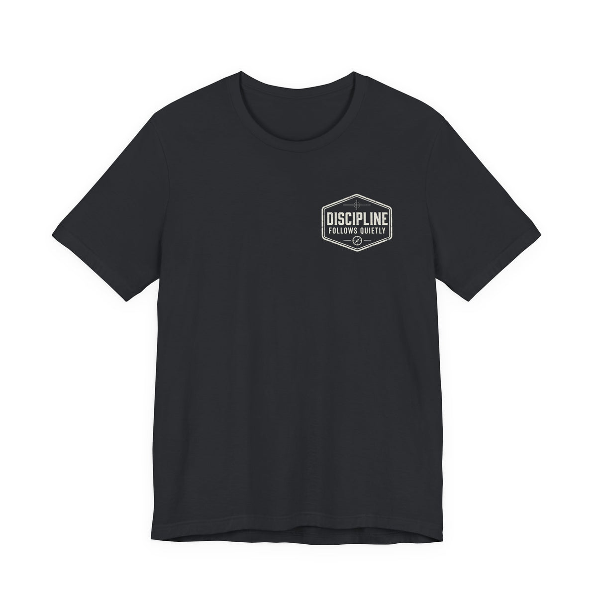 "Discipline Follows Quietly" Motivational Badge Graphic Tee
