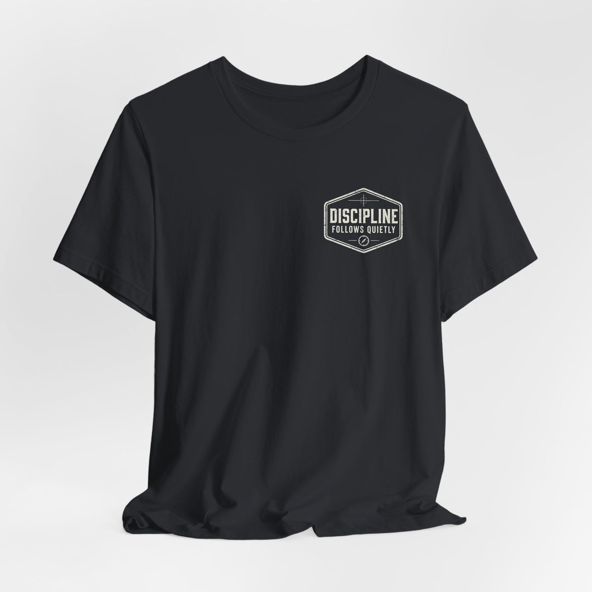 "Discipline Follows Quietly" Motivational Badge Graphic Tee