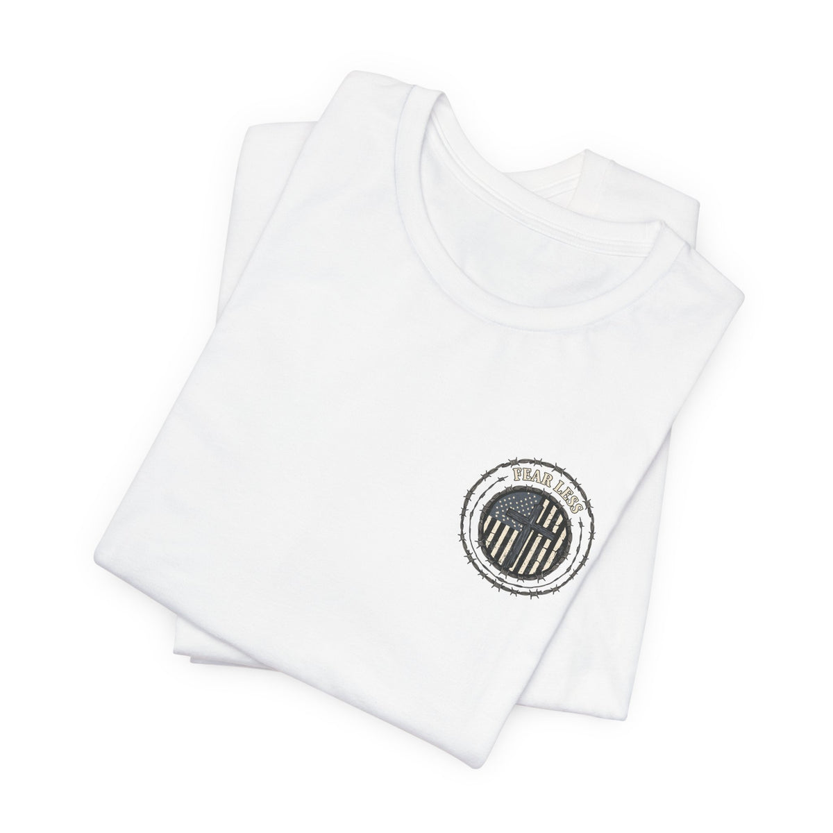 Fearless American Flag T‑Shirt — Distressed Barbed Wire Military Patriotic Tee
