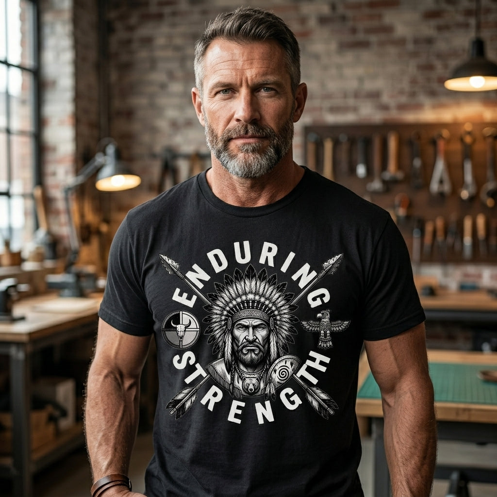 Enduring Strength Graphic Tee — Native American Chief Western Heritage T-Shirt