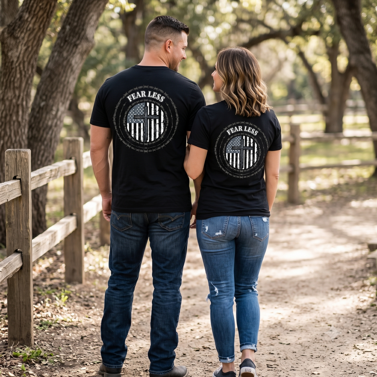 Fearless American Flag T‑Shirt — Distressed Barbed Wire Military Patriotic Tee