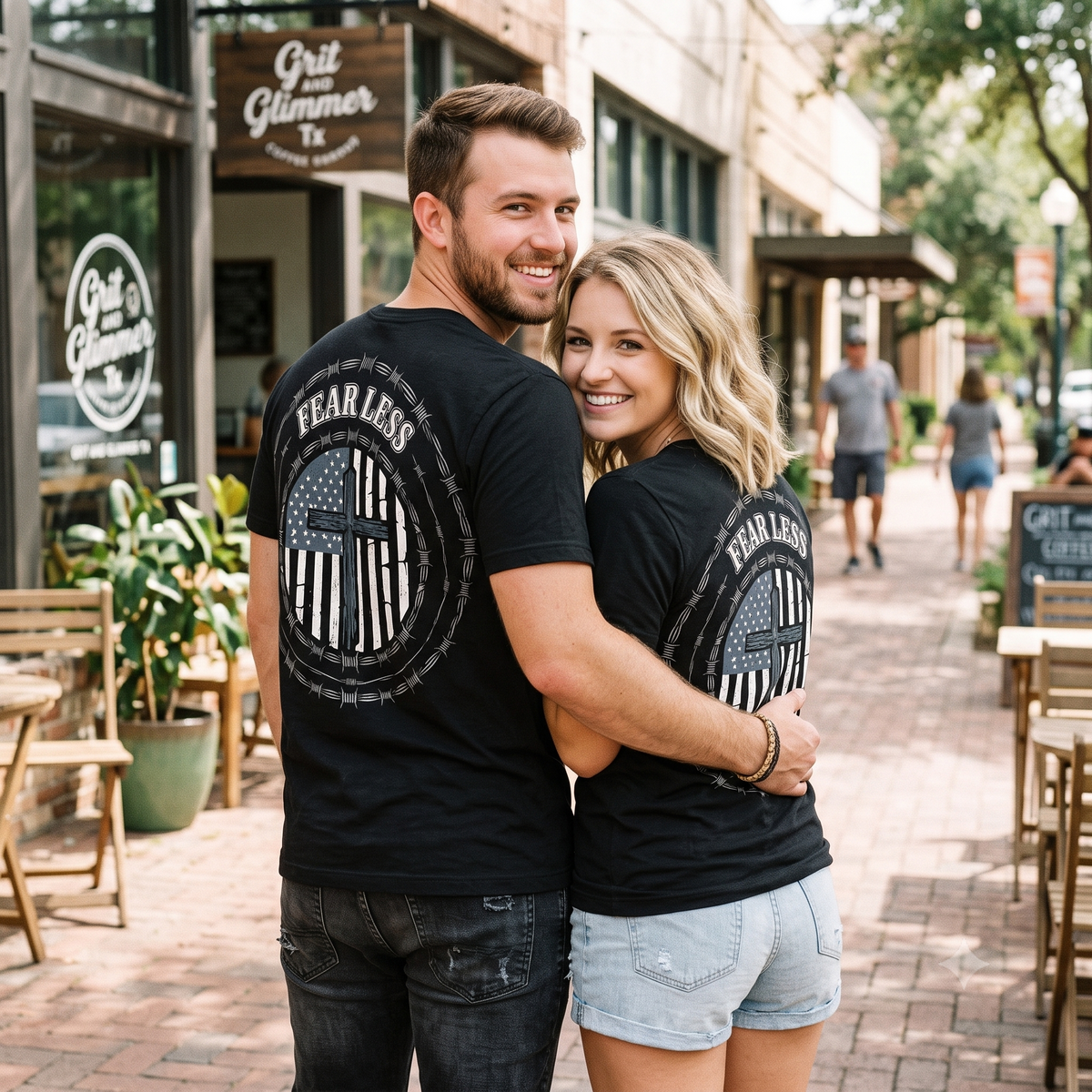 Fearless American Flag T‑Shirt — Distressed Barbed Wire Military Patriotic Tee