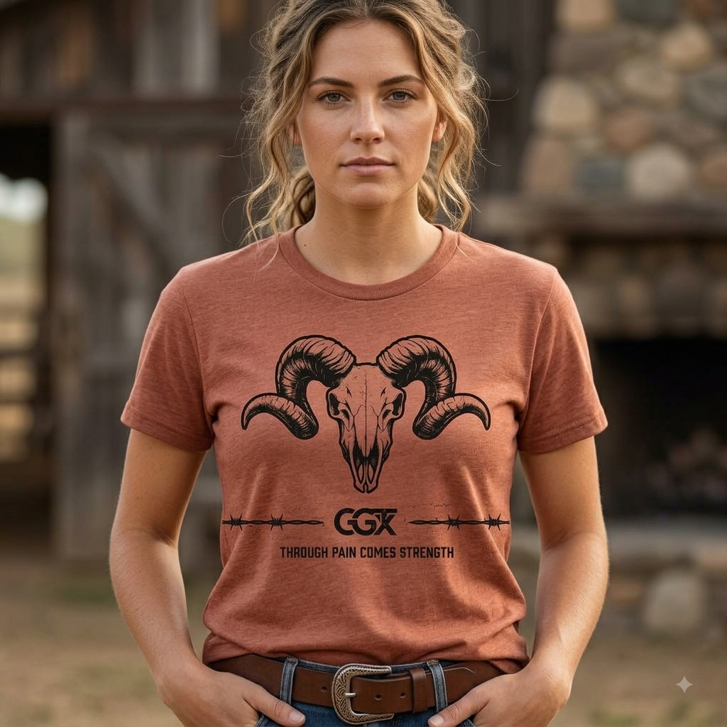 Ram Skull Graphic Tee — "Through Pain Comes Strength" Motivational T-Shirt