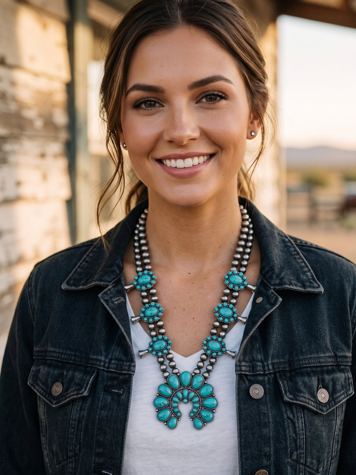 Western Huge Double-Strand Faux Turquoise Squash Blossom Statement Necklace — 32 Inch