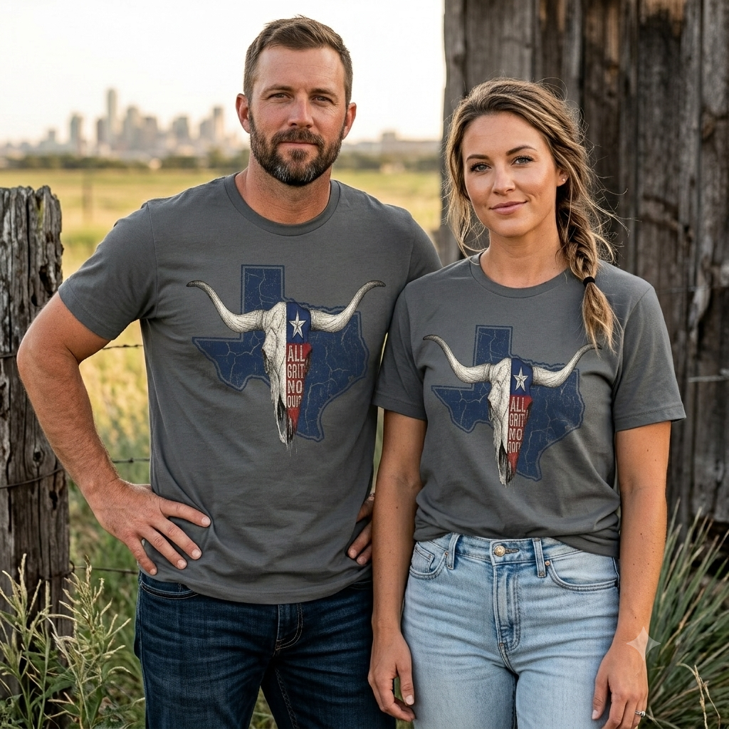 "All Grit No Quit" Texas Longhorn Skull Vintage Flag Tee