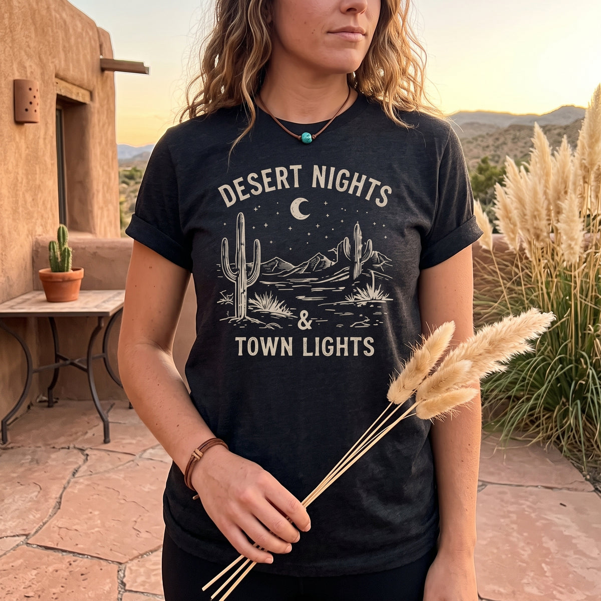 Desert Nights & Town Lights T-Shirt — Cactus Graphic Tee, Western Night Sky Apparel, Boho Desert Shirt, Country Music Top