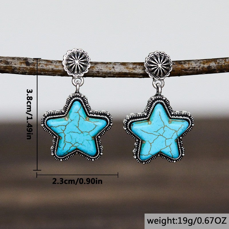 Western Style Pentagram Turquoise & Star Earrings — Silver