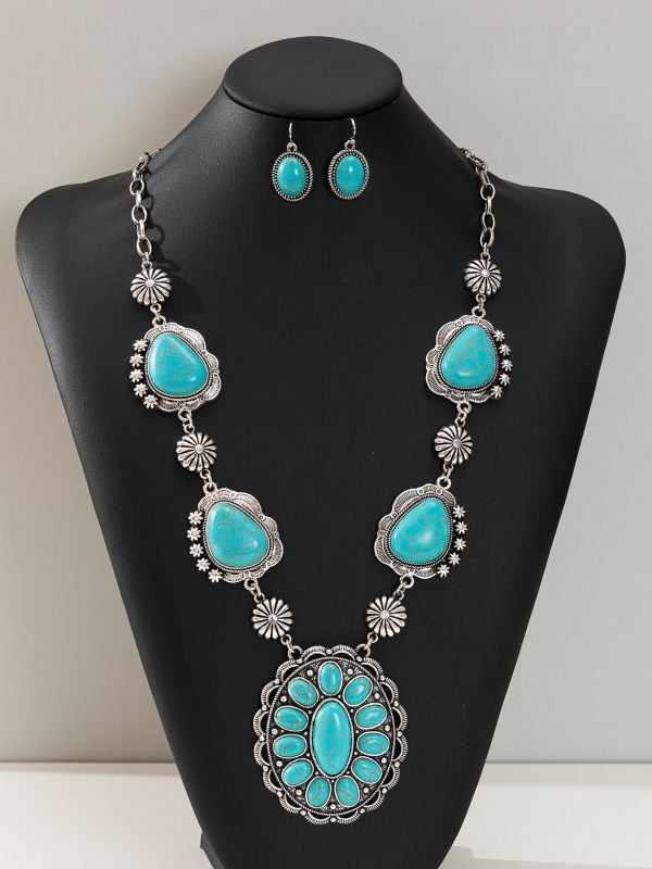 Western Style Turquoise Ring Set — Retro Antique Silver
