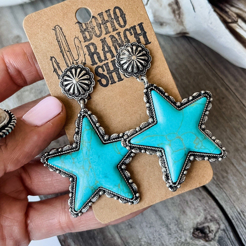 Western Style Pentagram Turquoise & Star Earrings — Silver