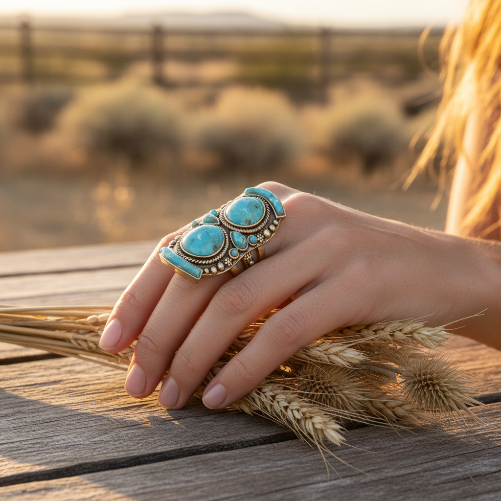 Double Blue Turquoise Shield Ring — Lifestyle Shot