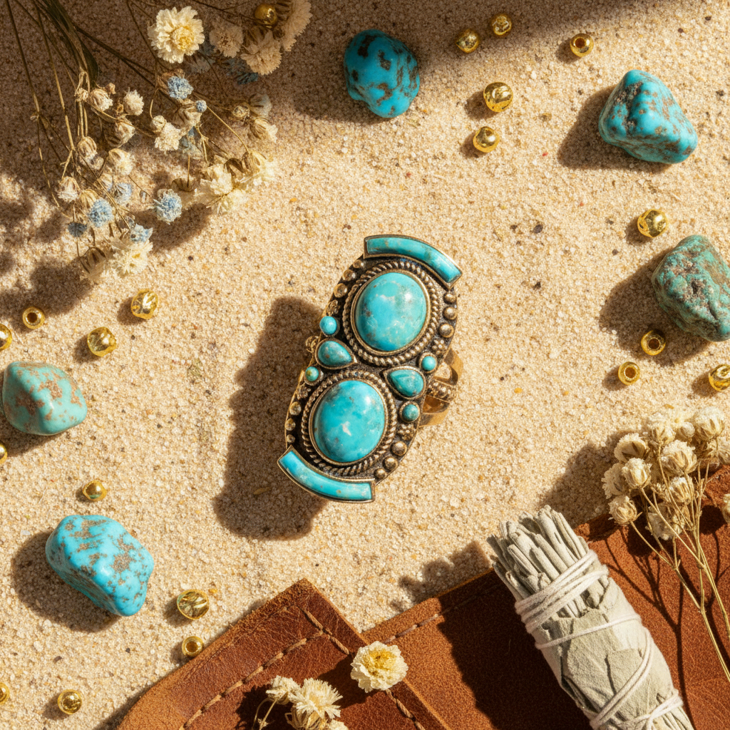 Double Blue Turquoise Shield Ring — Styled Flat Lay