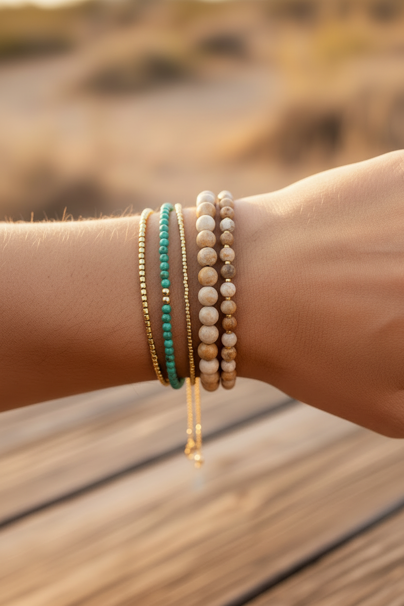 Natural Turquoise Bracelet — Stacked Wrist Shot v2