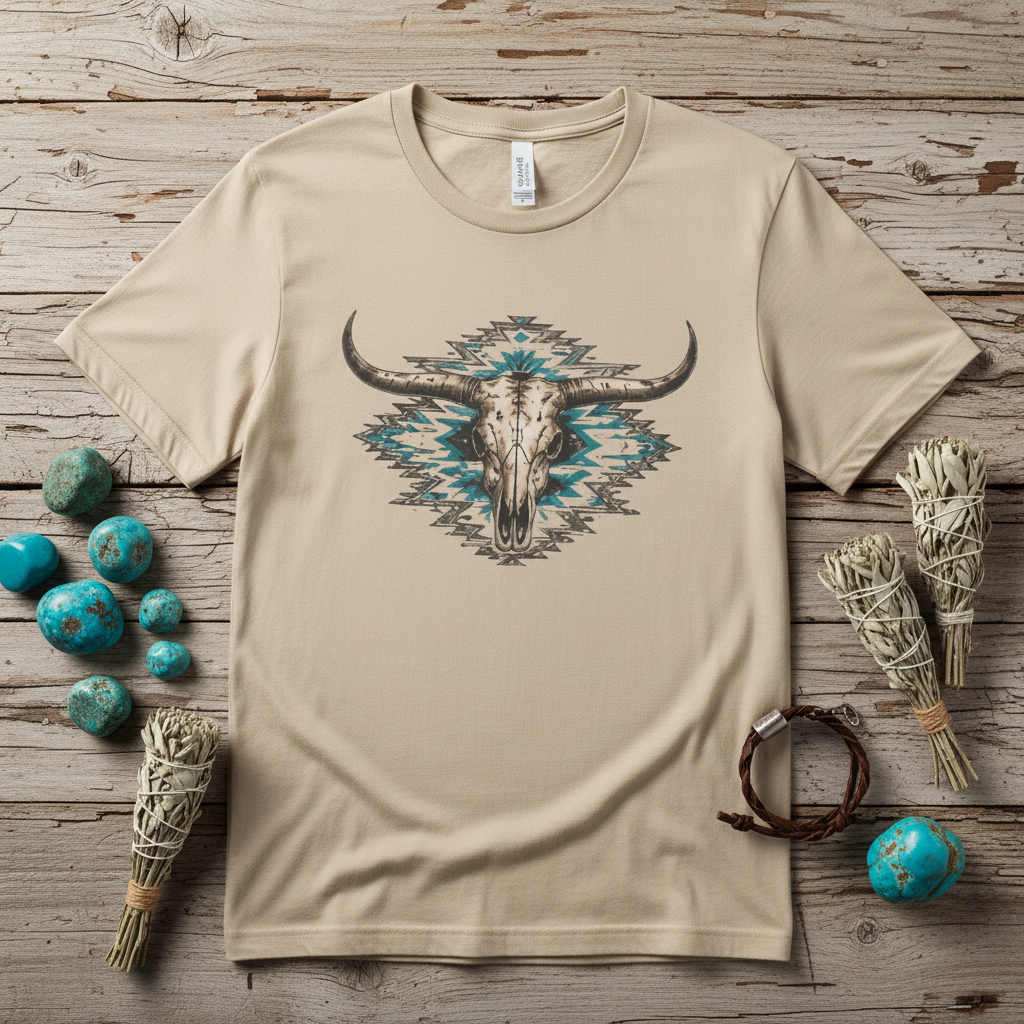 Southwestern Bull Skull Tee Flat Lay