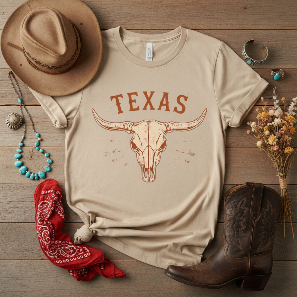 Texas Longhorn Skull T-Shirt — Minimalist Western Graphic Tee, Boho Cowgirl Apparel, Rustic Desert Shirt, Lone Star State Pride Top